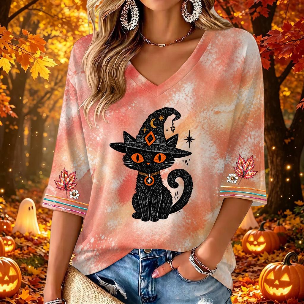 Women's V-Neck Halloween Printed Three-Quarter Sleeve Casual Blouse for Fall Festive Occasions