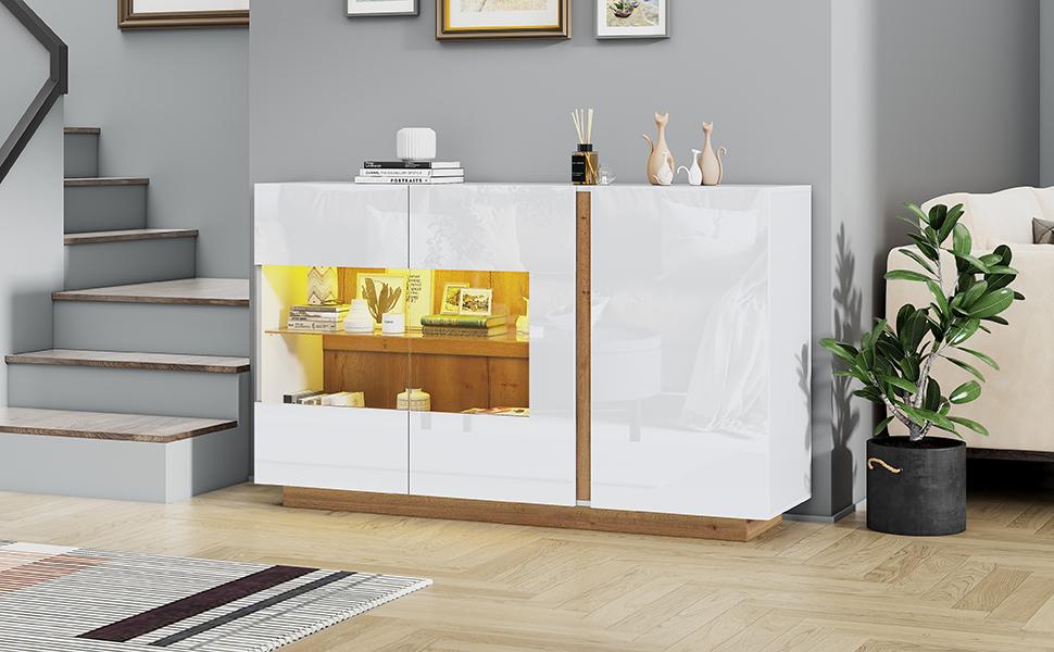 Sideboard High Gloss Chest of Drawers, White Chipboard with Glass, Wood Base, Chest of Drawers Cabinet Hallway Cabinet 138*38*90.5cm