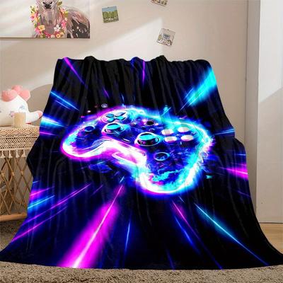 1Pc Gaming Controller Neon Lights Print Flannel Blanket, Comfortable for All Seasons, Home Decor, Warmth and Comfort, Perfect for Christmas Gifts