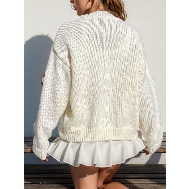 Dam Höst Vinter Söt Stickad Kofta Långärmad Knäppning Lös Varm Tröja Blomtryckt Öppen Framsida Kappa