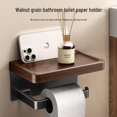Wall-Mounted Walnut Grain Bathroom Tissue Holder and Storage Rack