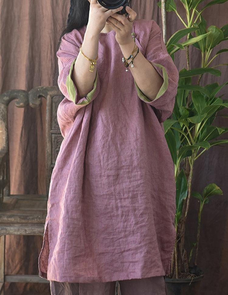 Vintage Linen Striped Blouse Women Summer Chinese Style Half Sleeve Loose Button Shirt Top