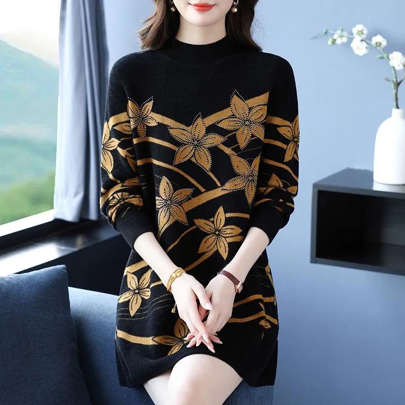 Sweter Damski Jesień Zima Pogrubiony Pulower Ciepły Dzianinowy Elastyczny Długi Rękaw Oversize Jumper Top