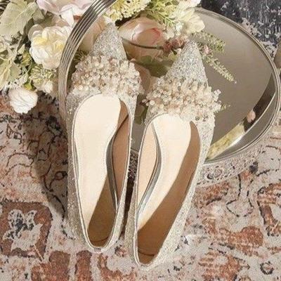 Perlenbesetzte spitze Damenpumps, Brautjungfern-Hochzeitsschuhe, können normal getragen werden, 4 cm dicke Absätze, Damen-High Heels