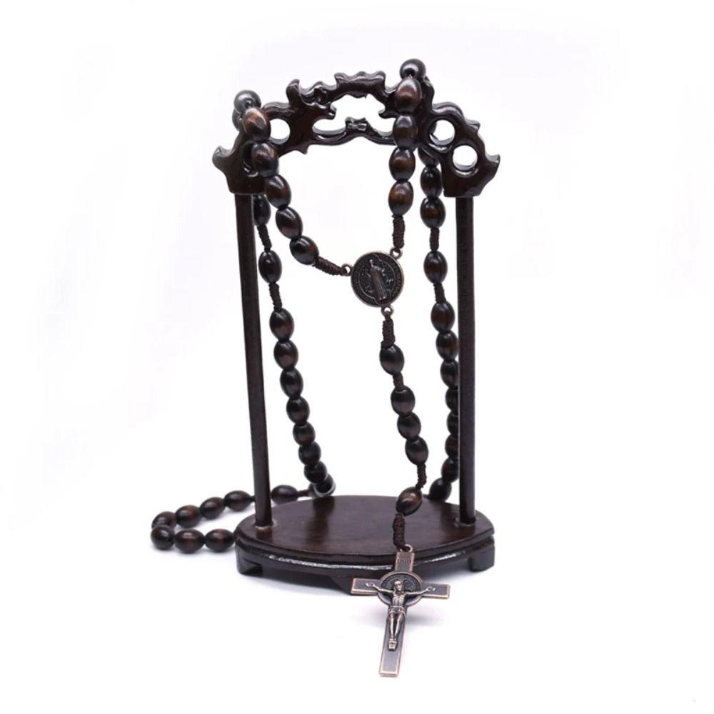 Car Hanging Ornament Handmade Rosary Necklace Wood Crucifix Pendant Chain  Church