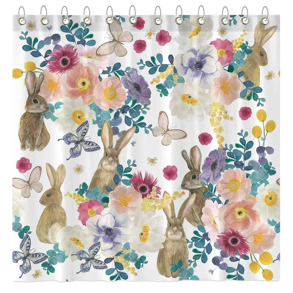 Happy Easter Bunny Shower Curtain Funny Rabbits Pink and Blue Eggs Bath Curtain Polyester Fabric Waterproof Bathroom Curtain Set