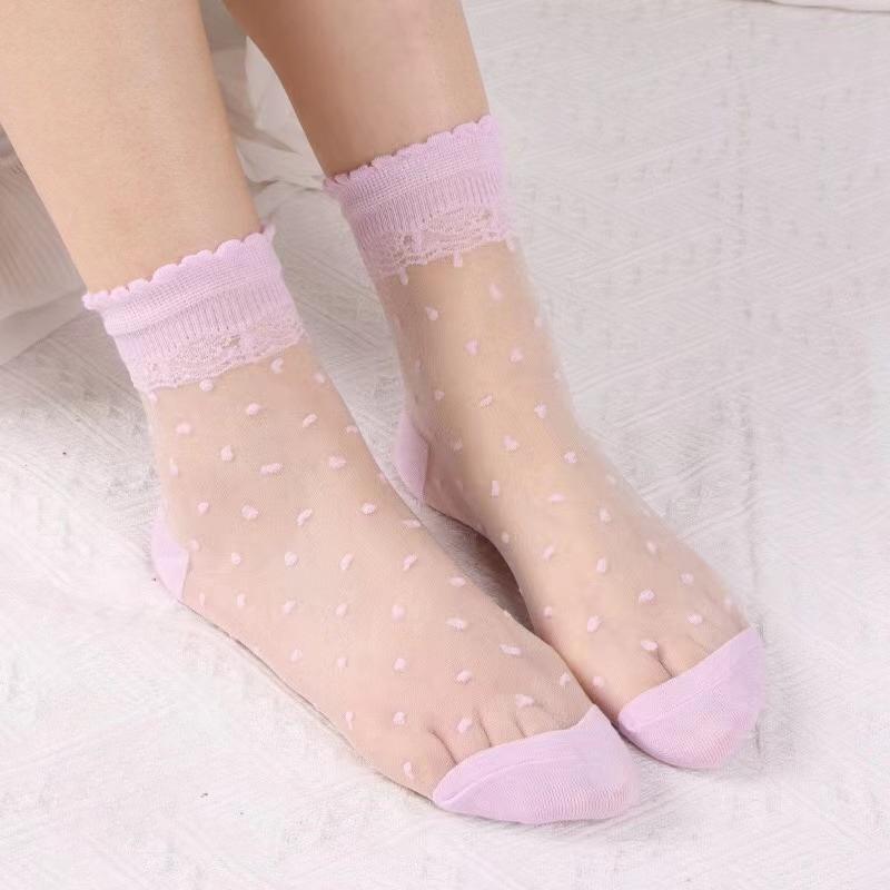 DONG AI Invisible Socks Women Summer Lace Socks Crystal Silk Polka Dot Ankle Socks Glass Black White Transparent Sock for Ladies