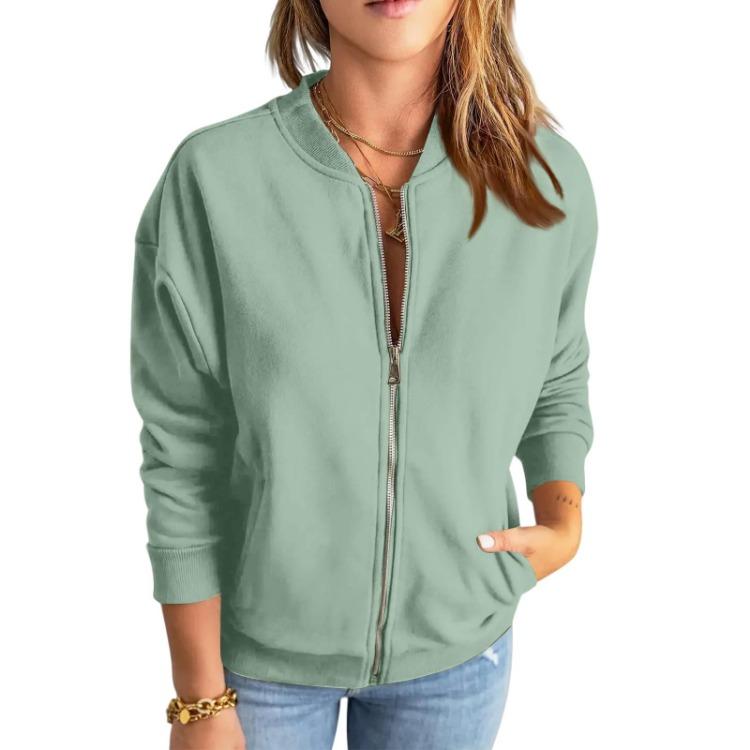Fashionable Casual Jacket Women Solid Color Zipper Top Outerwear