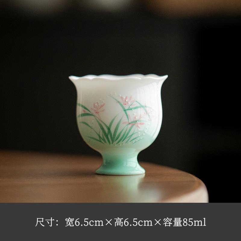 

85ml Hand Drawn Orchid High Foot Flower Mouth Teacup Antique Tea Bowl Mug Tea-tasting Meditation Cup Chazhan Master Cups Craft