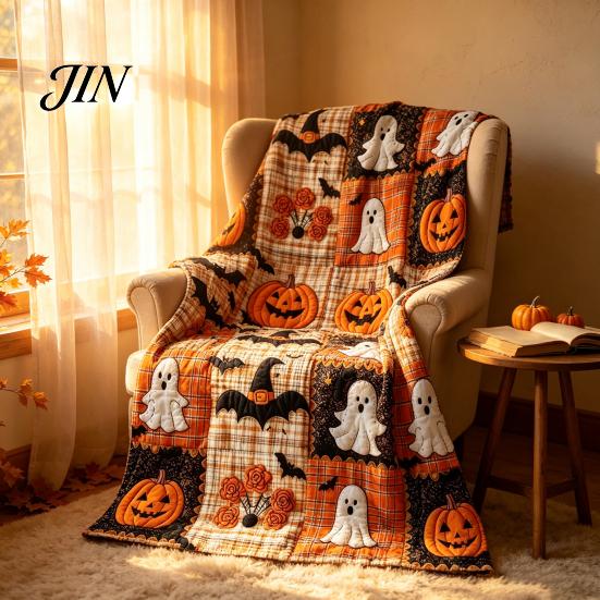 Soft Pumpkin Bat Print Bed Cover & Throw Blanket, Halloween Cozy Flannel Decorative Bedding Plaid for Couch Sofa Bed, Fall Home Decor