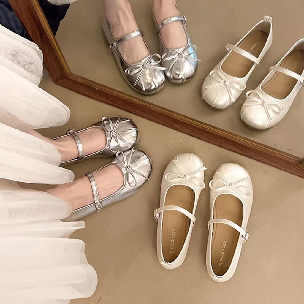 French Flat-bottomed Silver Bow Ballet Light-mouth Single Shoes Women's 2025 Autumn New Mary Jane Soft-soled Small Leather Shoes
