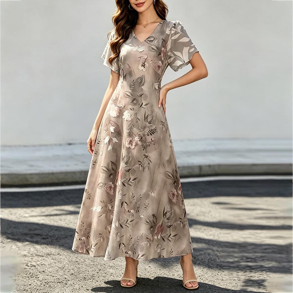Women's Short Sleeve Maxi Dress Floral Print V Neck Chiffon Long Dress Casual Lightweight Summer Dress for Daily Wear