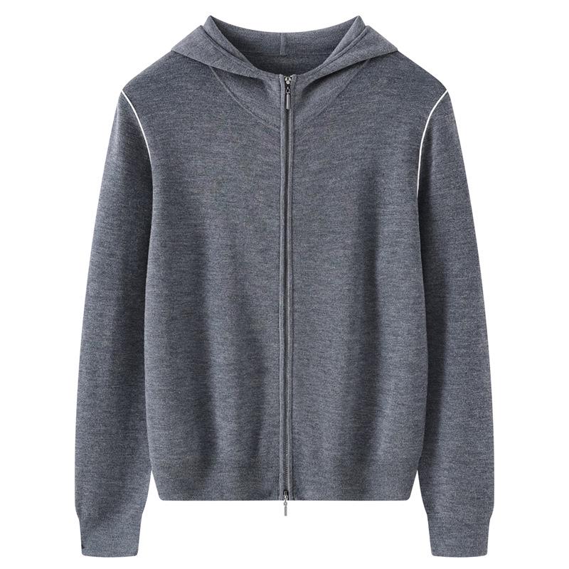 2026 Spring/Summer Women's Fine Wool Hooded Knit Cardigan - Solid Color, Double Zipper Design.