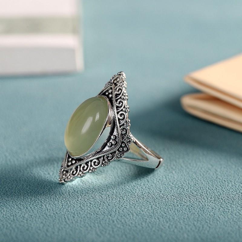 Adjustable Open Ring Women Men Vintage Geometric Design Copper Jewelry With Green Jade Accent