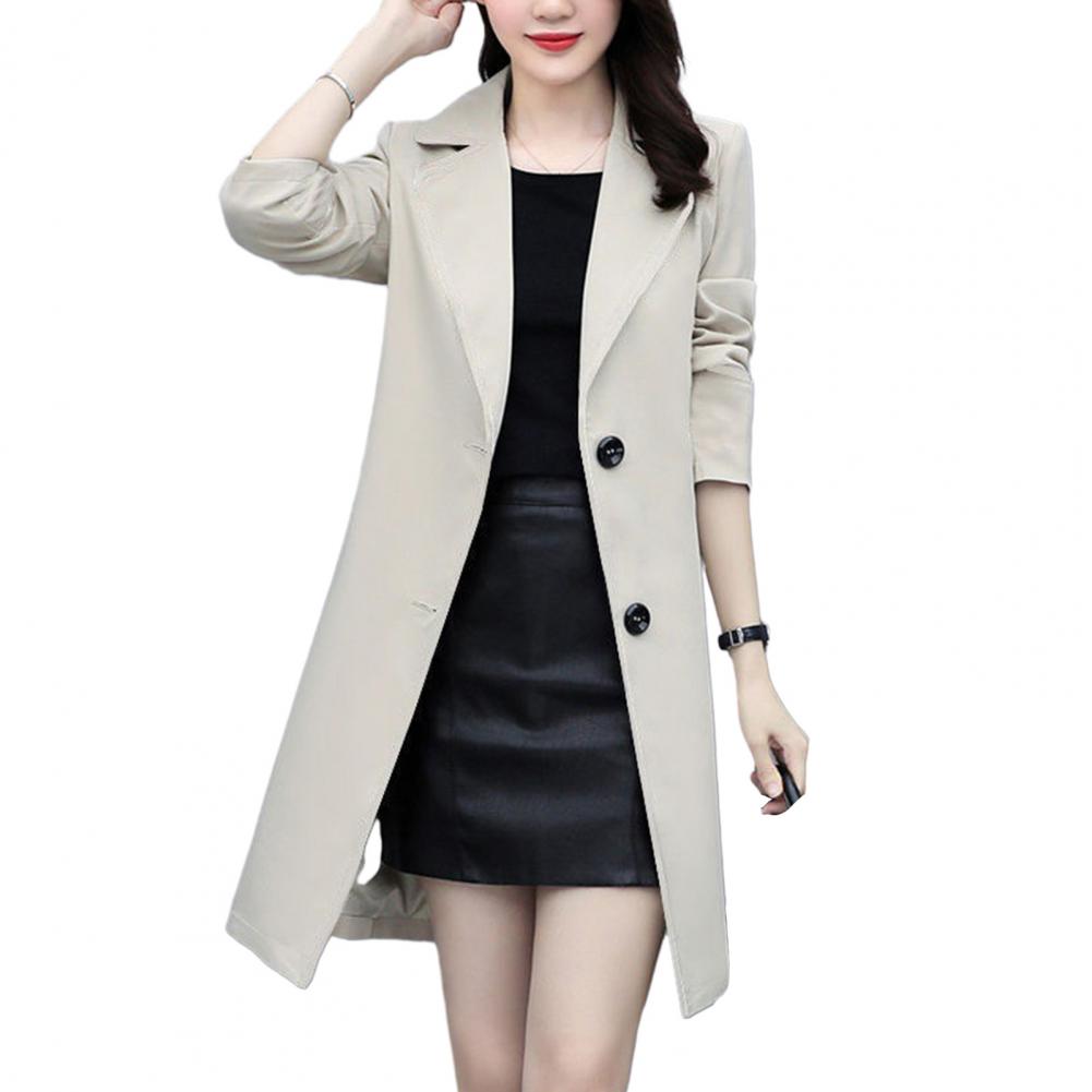 Women Fall Spring Coat Lapel Cardigan Double Buttons Trench Coat Solid Color Mid Length Pockets Business Jacket
