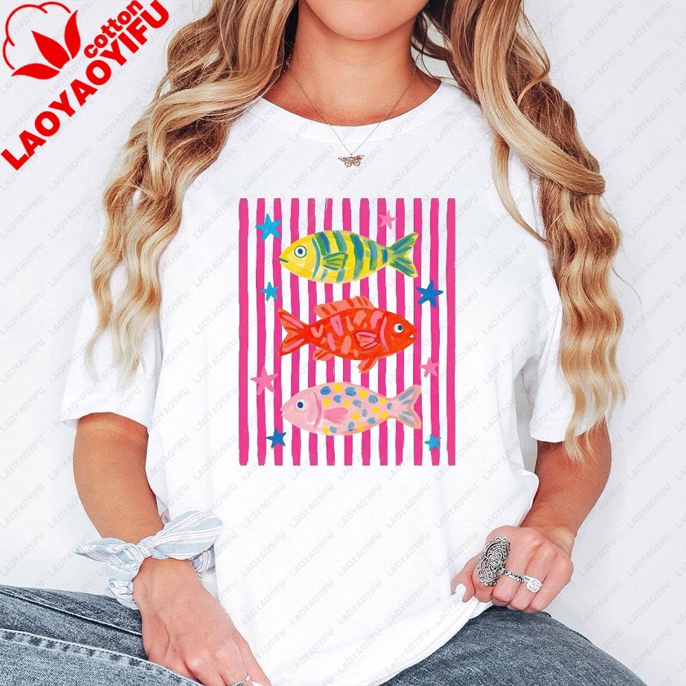 Bright Striped Fish Graphic Tee Y2k Pop Art Aesthetic Bold Pink Colorful Fish Print Nautical Summer Everyday Casual TShirt