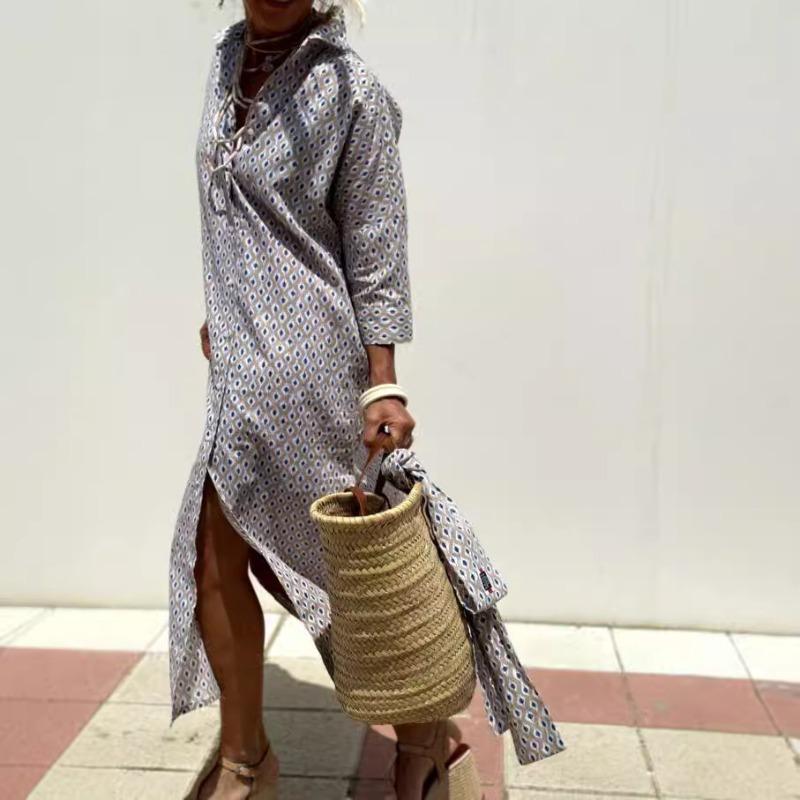 Wish Autumn Five-quarter Sleeve Striped Split Shirt Dress Women