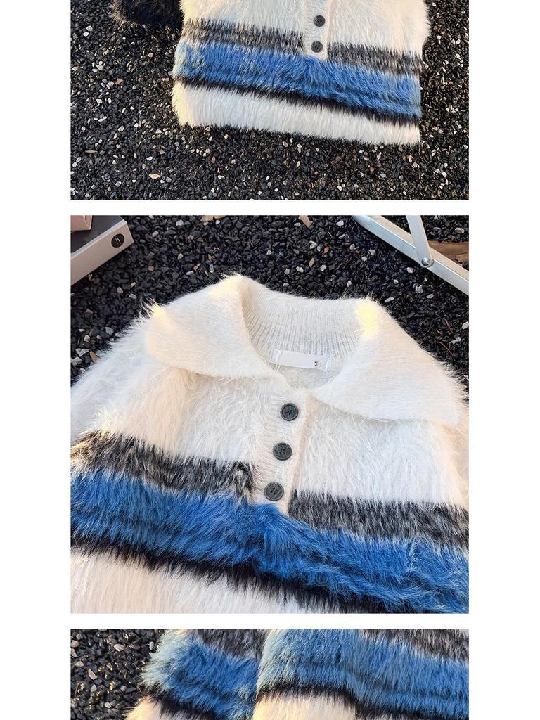 Unisex Striped Polo Collar Sweater - Trendy Autumn/Winter Knitwear for Men & Women