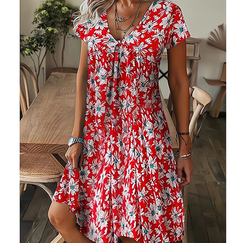 Sommermode Damen V-Ausschnitt Kurzarm Schöne Blumen bedrucktes Kleid Sex Kurzer Rock Kleider