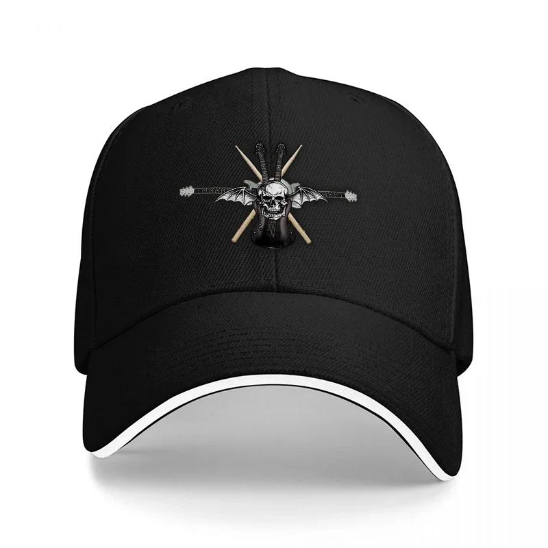 SKULL AND GUITARS CROSSBONES BASEBALL CAP BLACK WITH WHITE TRIM ROCK MUSIC THEME DESIGN FOR Unisex AND Women