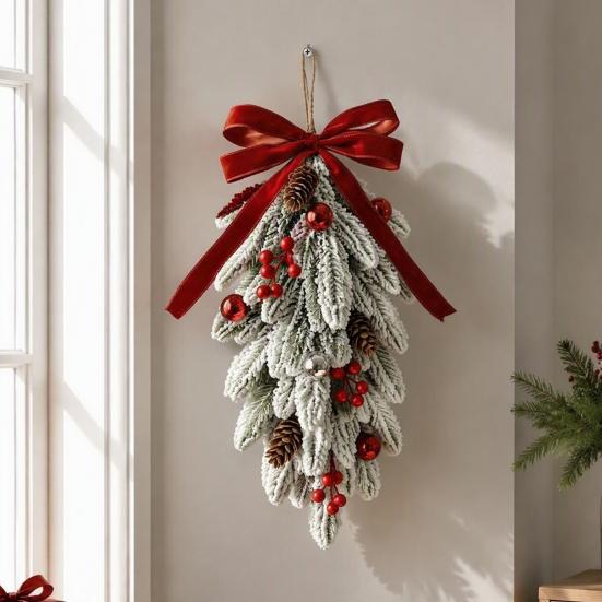 Holiday Gift for Home Flocked Christmas Teardrop Swag Front Door, Artificial Pine with Red Decorative Hanging Wreath Wall Berries Velvet Bow,