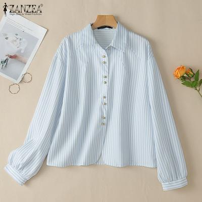 Damska bluzka w paski z luźnym krojem i długim rękawem, z kołnierzykiem koszulowym