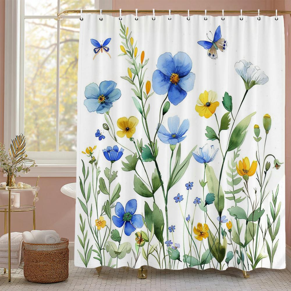 Spring Small fresh Floral , leaves Shower Curtain, Bathroom Decorative Shower Curtain, Waterproof Shower Curtain with Hooks