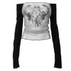 2KWEIRD Y2K Seksowne Koronkowe Siateczkowe Przezroczyste T-Shirty Gotycki Nadruk Graficzny Długi Rękaw Dzianinowe Naszywane Top Vintage Kobiety Lato Streetwear