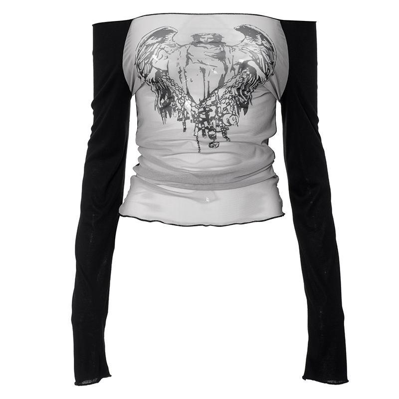 2KWEIRD Y2K Sexy Dantelă Plasă Transparent Tricouri Goth Imprimeu Grafic Mânecă Lungă Tricot Patchwork Topuri Vintage Femei Streetwear de Vară