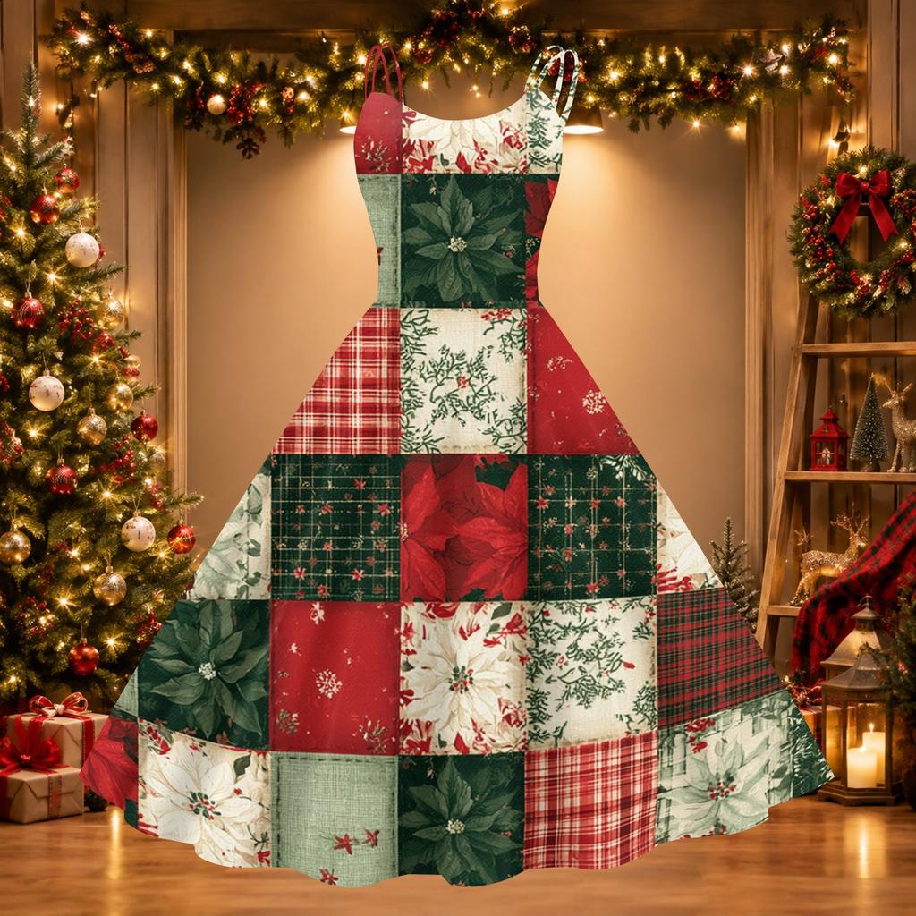 Damen Weihnachtsdruck Off-Shoulder Vintage Kleid