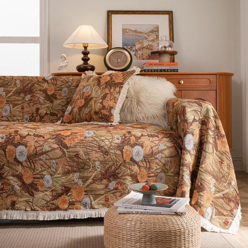 Exquisite sofa towel anti-cat scratch jacquard flower bird green retro festive festival thick sofa blanket