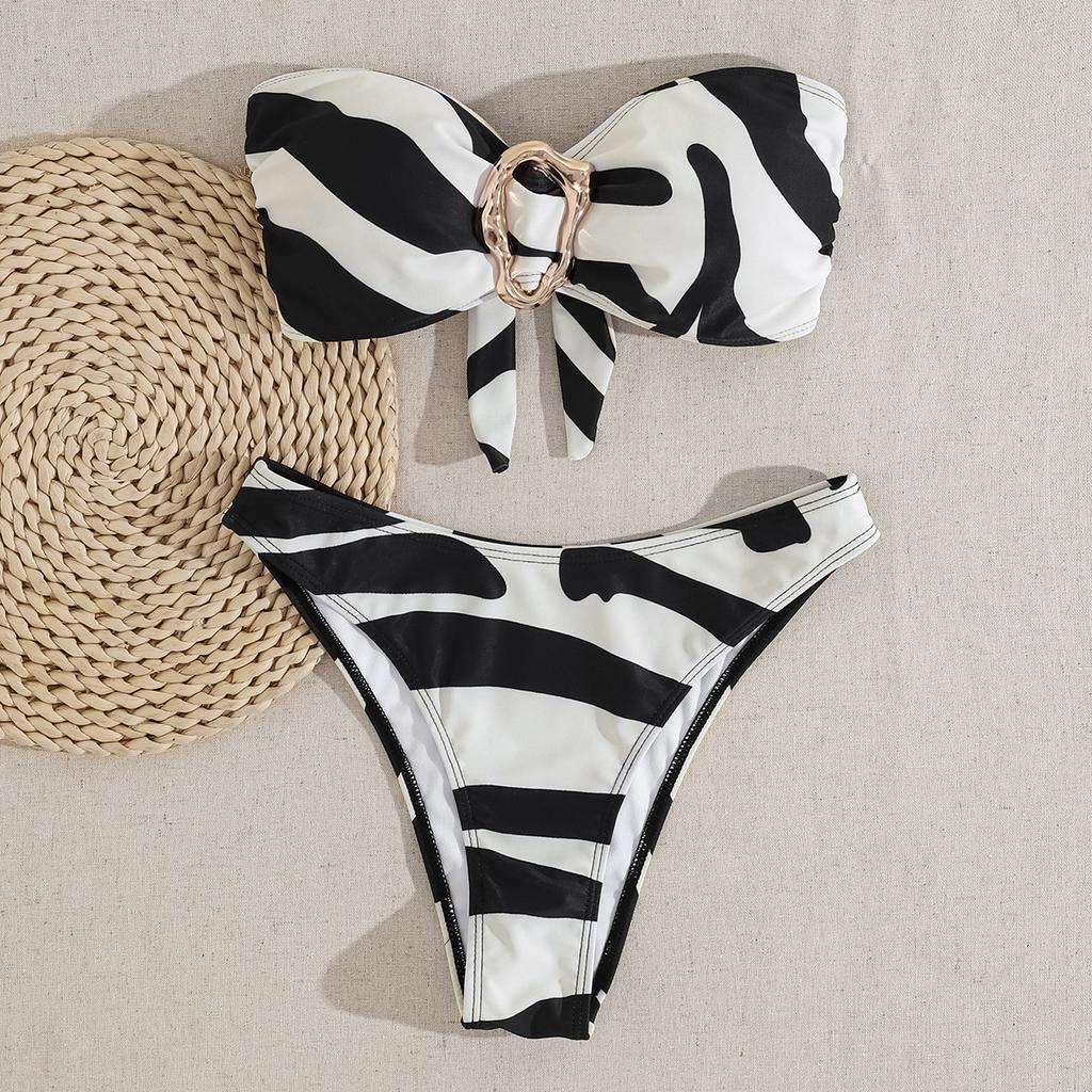 Women’s Summer Bathing Suit Solid Color Bandeau and High Cut Bottom Sexy Bikini Swimsuit, Two-Piece Swimwear