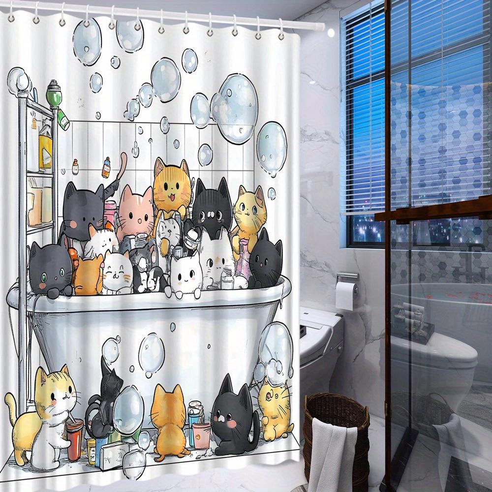 1pc Playful Cat Shower Curtain - Whimsical Polyester Bathroom Decor with Nine Adorable Cats In Bathtub Surrounded by Bubbles