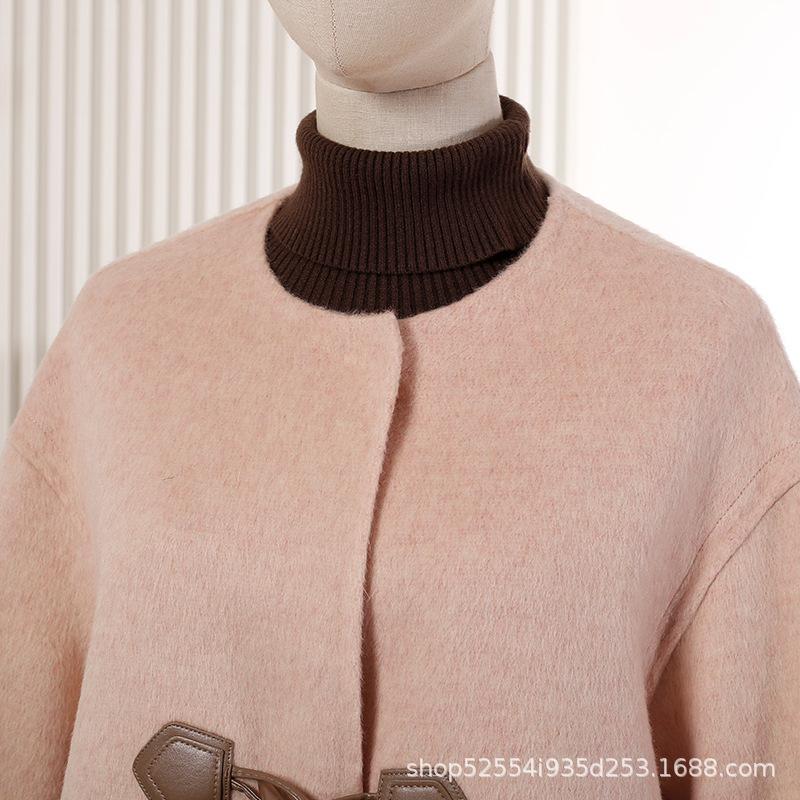 New Double-sided Cashmere Coat with Croissant Buckle Round Neck Medium and Long Woolen Coat Wool Coat Autumn and Winter