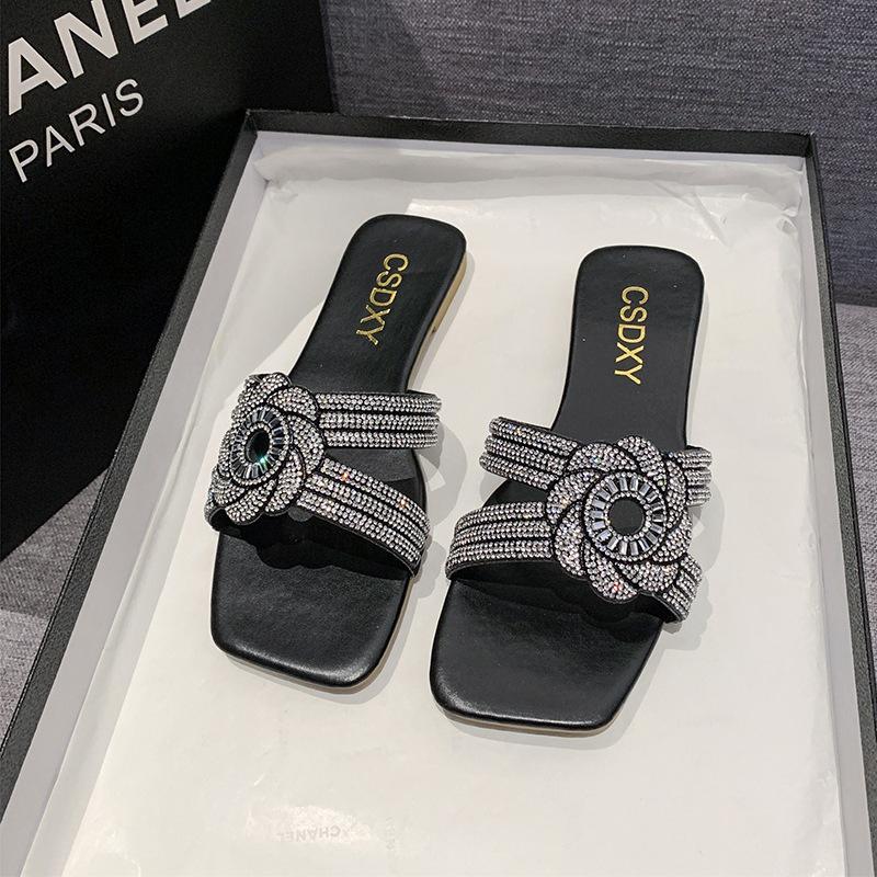 

Women s 2024 new cross-border foreign trade large-size women s rhinestone flat-bottomed cool slippers 42 чёрный