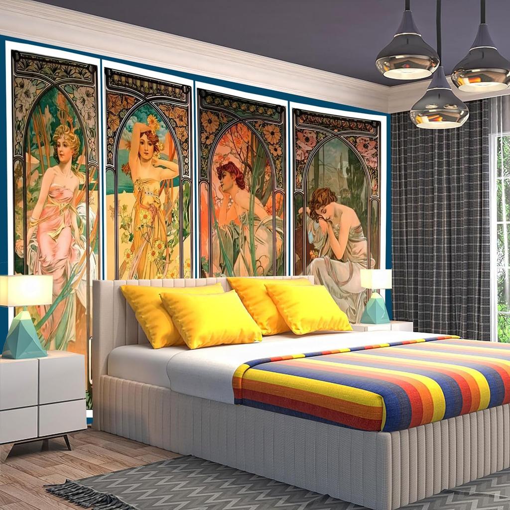 FENDROM Vintage Collection Tapestry Wall Hanging Art Home Decor, The Times of the Day Series by Alphonse Mucha Art Print Painting for Living Room
