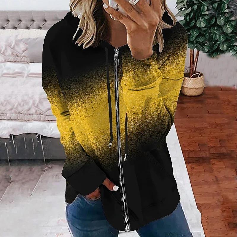 Winter Gradient Printed Hooded Sweatshirt Sportwear Coat for Women Zipper Down 3D Pocket Hoodies Autumn Women's Clothing
