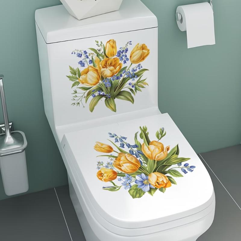 Artistic Colorful Floral Toilet Stickers, Self-Adhesive Removable Toilet Lid Decals For Bathroom Decoration