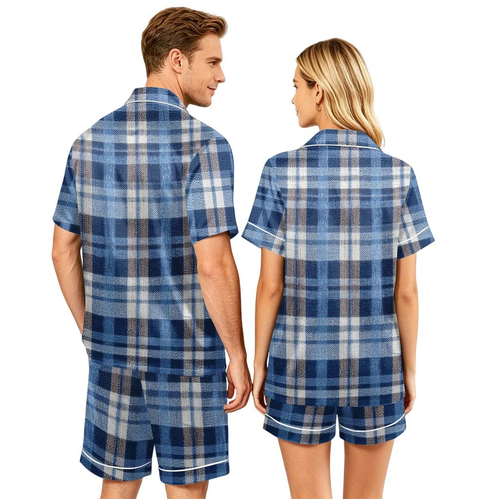 Couple Matching Pajama Set Short Sleeve Button Down Shirt with Hem and Shorts Set Soft Casual Loungewear S To XXXXL
