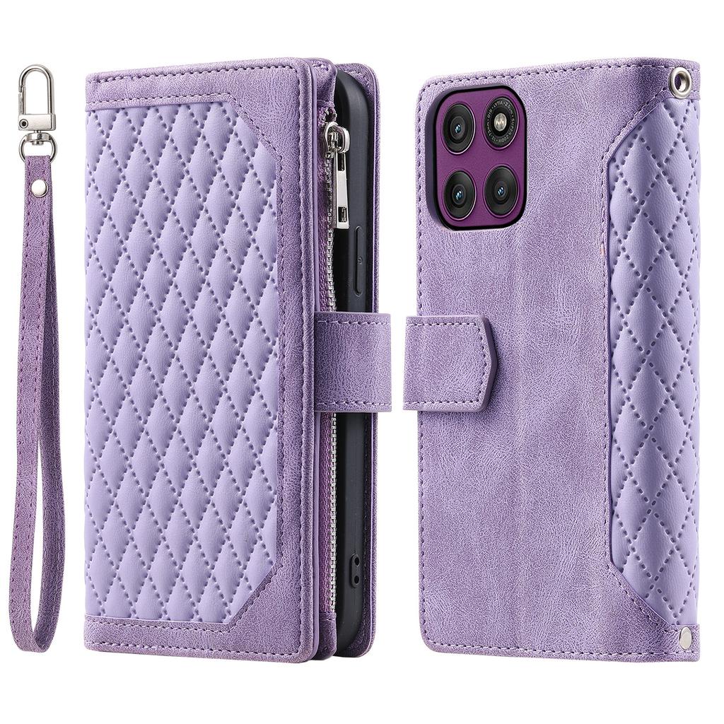 For Motorola Moto G56 5G Wallet Case Rhombus Stitching Line PU Leather Phone Cover with Wrist Strap