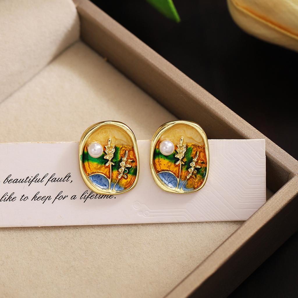 Damen-Ohrstecker im französischen Stil mit quadratischen Perlen - Retro-Stil grüne Ölgemälde-Ohrstecker