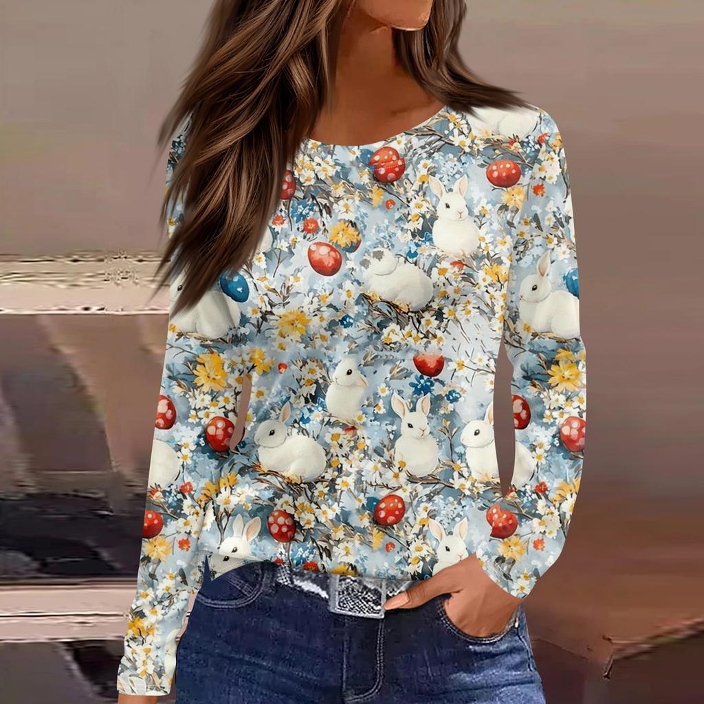 Women's Fashion Casual Slit Hem Round Neck Long Sleeve Loose Printed T-Shirt Ladies Top