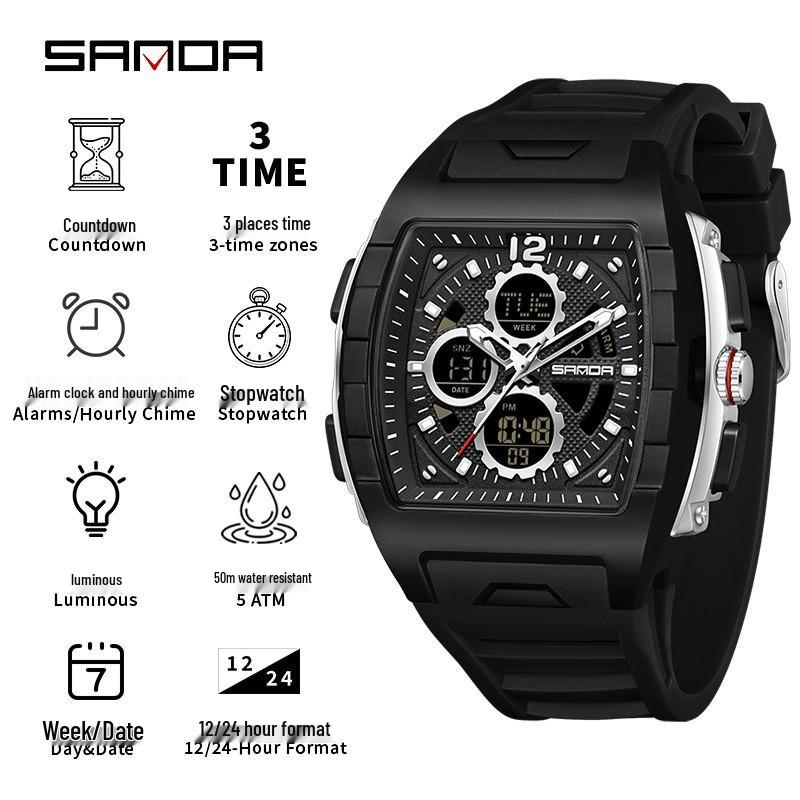 Sanda Barrel-shaped Men s Multi-functional Luminous Waterproof Sports Watch