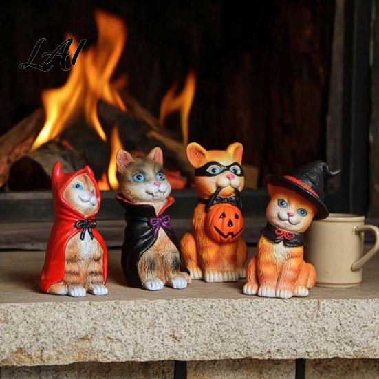 Little Red Riding Hood Cat Halloween Figurine Resin Miniature Statue Desktop Animal Ornaments Wizard Statue with Witch Hat/Cloak/Pumpkin Lamp Design