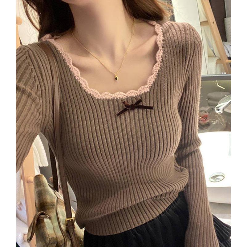 

Модный вязаный пуловер с квадратным вырезом, кружевным бантом, женский элегантный базовый свитер, женская повседневная простая однотонная осенняя одежда one size хаки