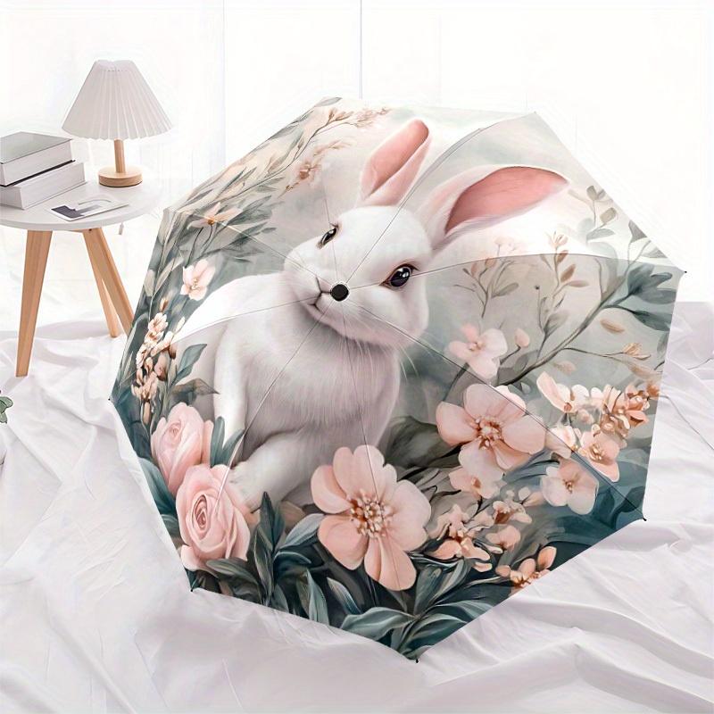 1pc Bunny Floral Automatic Folding Umbrella, 8-Rib Sturdy Canopy, Portable Travel Umbrella for Outdoor Use
