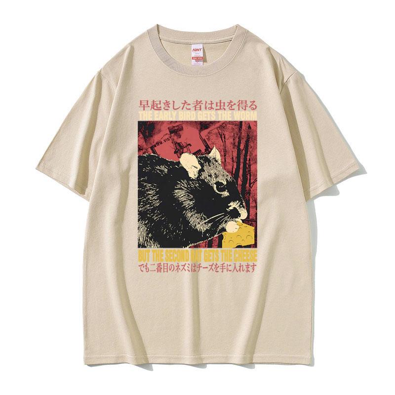 2025 Summer Funny Cheese Devouring Machine Japanese Rat Graphic 100% Pure Cotton T-shirt Oversized T-shirt Y2k Unisex Oversized XL