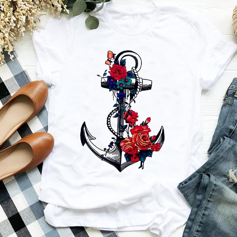 Flower Summer Autumn 90S Fashion Print Top Femme Tshirt Women T-Shirt Cartoon Harajuku O-Neck Casual Tee Ladies Clothing