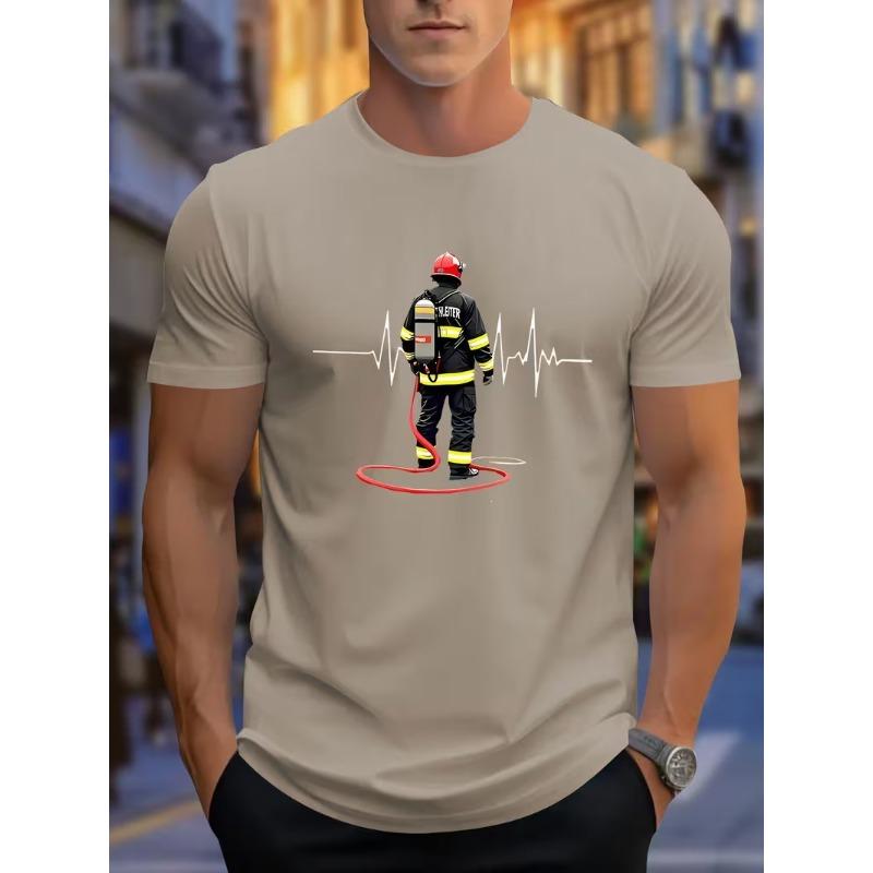 Men Summer T-shirt Firefighter Heartbeat ECG Graphic Print Short Sleeve O-neck Casual Tee Fireman Hero Gift Breathable Tops