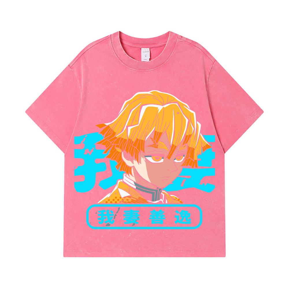 275 GSM Washed T-shirts 100% Cotton Demon Slayer V100 Zenitsu Print Unisex Heavy Cotton T Shirt